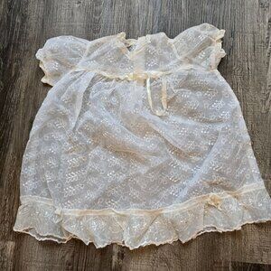 Vintage Baby Dress Girls Sheer Floral Nanette Beige Delicate Nylon Buttons Sweet